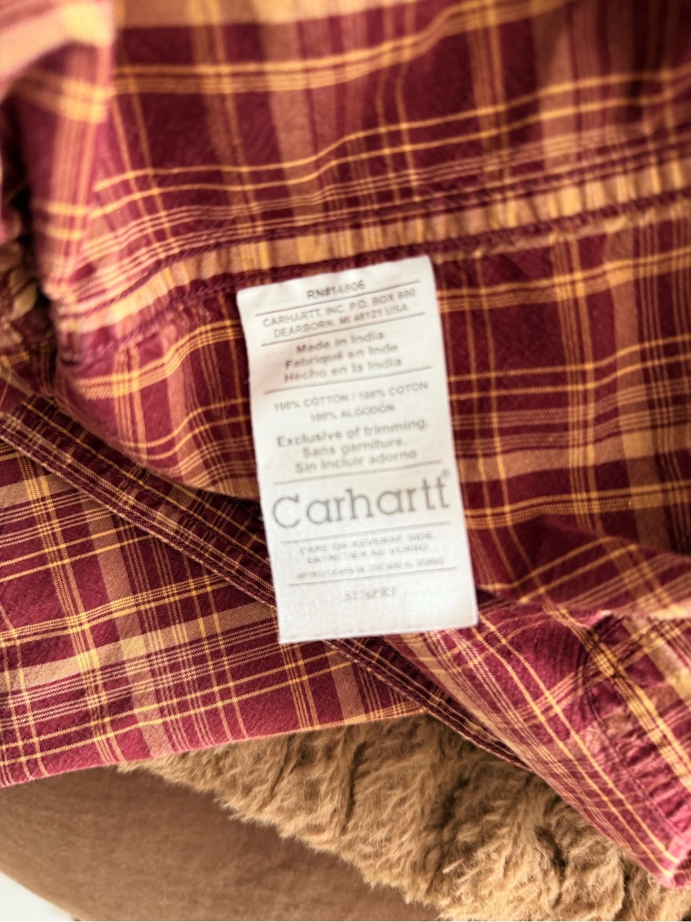 Carhartt 2XL Tall Plaid Button Down Shirt Burgundy Tan 100% Cotton Workwear - Picture 4 of 4